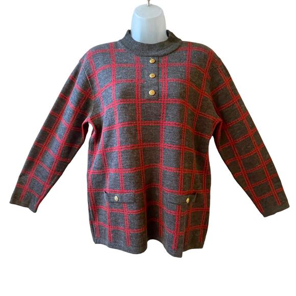 VINTAGE 80s ADOLFO Collectibles Mod Plaid Knit Tunic Top Size Med - Picture 1 of 5